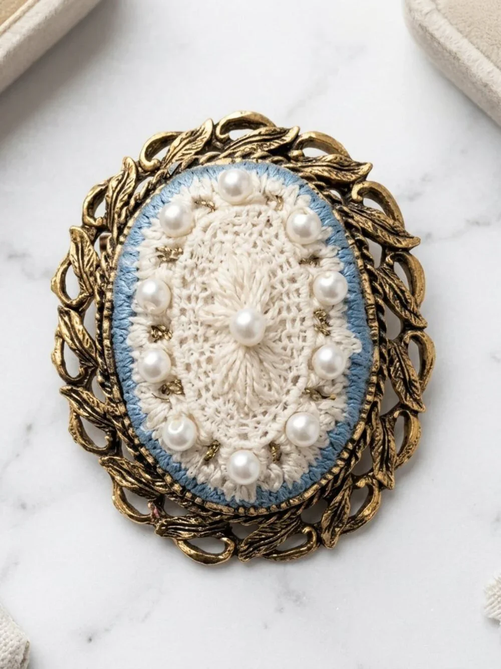 Vintage Gold Tone Crochet & Faux Pearl Oval Brooch | Victorian Revival